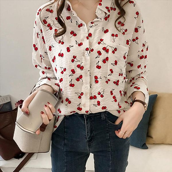 

new blouse women fashion women retro cherry printing long sleeve lapel casual shirt blouse blusas mujer de moda 2021 guahao, White