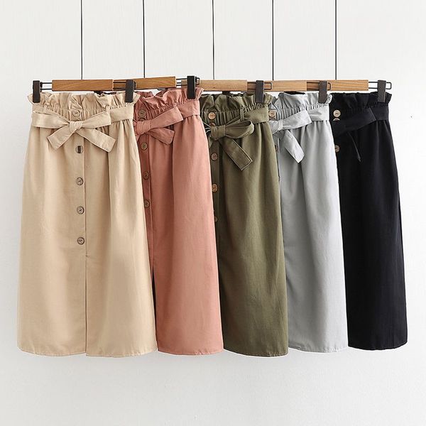 

2021 new high waist cotton women spring summer casual a line pocket lace up medium long pleated skirt with belt v43r, Black