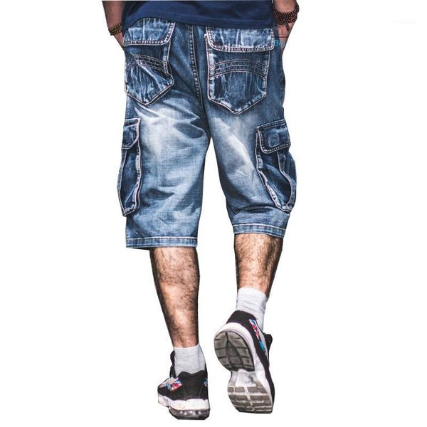 

mcikkny men summer hip hop denim shorts loose cargo casual jeans shorts for male size 30-44 washed1, Blue
