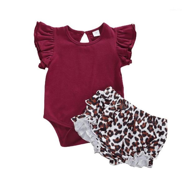

2020 new summer baby girls 2pcs outfit set sweet red flare short sleeve solid color bodysuit+leopard print shorts1, White