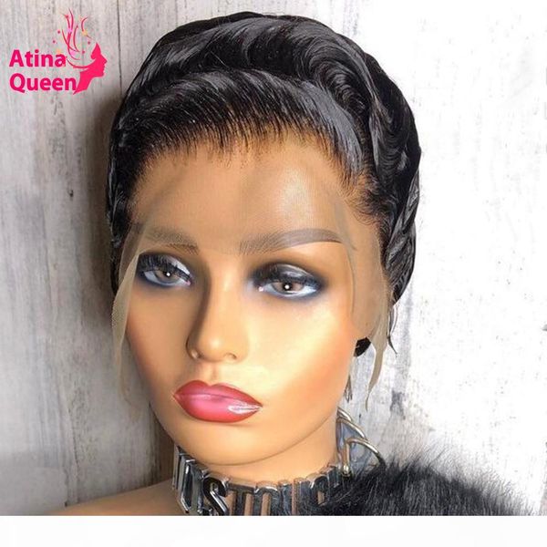 

plucked pixie cut wig wavy short bob wig lace front human hair wigs 13x4 lace closure wig with baby hair remy 250% for women, Black