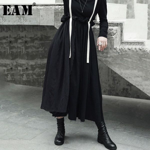 

skirts [eam] 2021 spring autumn black waist vintage edge spliced fashion women's strap half-body skirt la9231