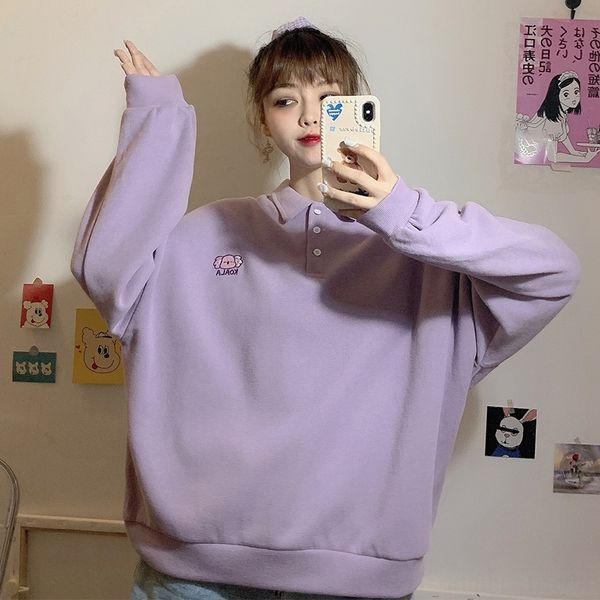 

efhpu soft ins lapel gentle bf polo shirt women's clothing online hooded trendy lazy red sweatersweater sweater style early autumn st, Black