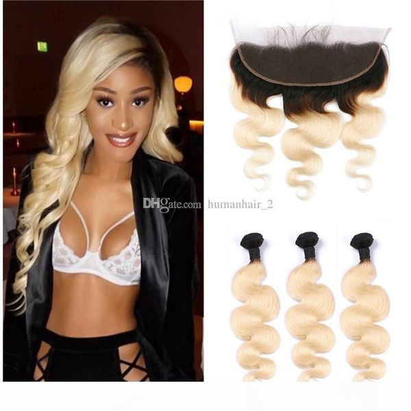 

blonde ombre hair with lace frontal body wave peruvian virgin human hair 3 bundles with lace frontal closure two tone 1b 613 hair, Black;brown