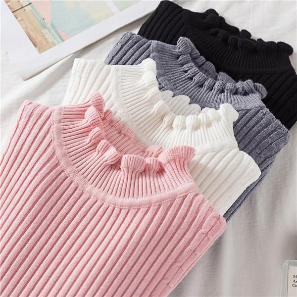 

women's sweaters autumn/winter women knitted ruffled collar sweater 2021 casual soft fashion slim femme long sleeve elasticity pullover, White;black