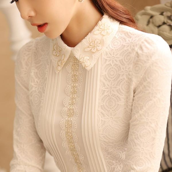 

women's spring autumn lace shirts long sleeve casual embroidery turn-down collar elegant blouses fashion elegant df3189, White