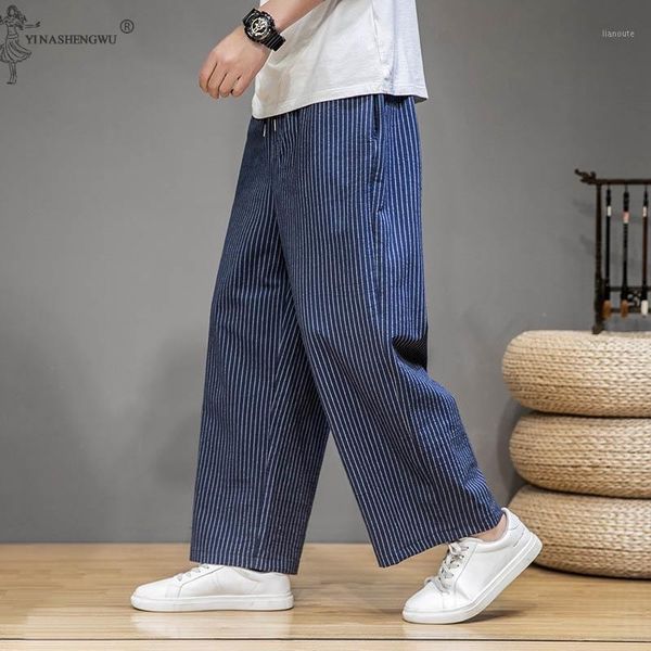 

japanese style men linen pants samurai costume yukata kimono striped nine-point loose wide leg trousers male summer streetwear1, Red