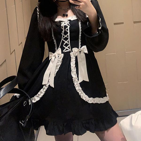 

japanese lolita gothic dress girl patchwork vintage designer mini dress japan style kawaii clothes fall dresses for women 2021, Black;gray