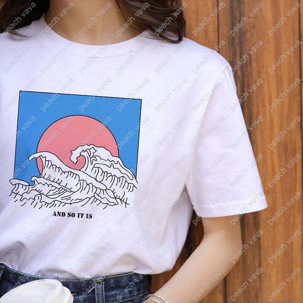 

new fashion womens t shirt ulzzang harajuku summer short sleeve japan great wave ins printing tees chic casual fun loose, White