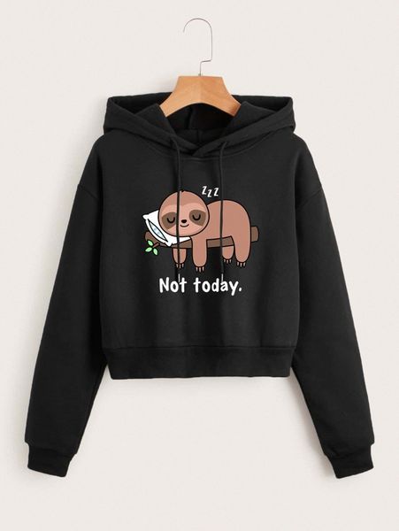 

sloth and letter graphic thermal lined drawstring hoodie 23w8#, White;black