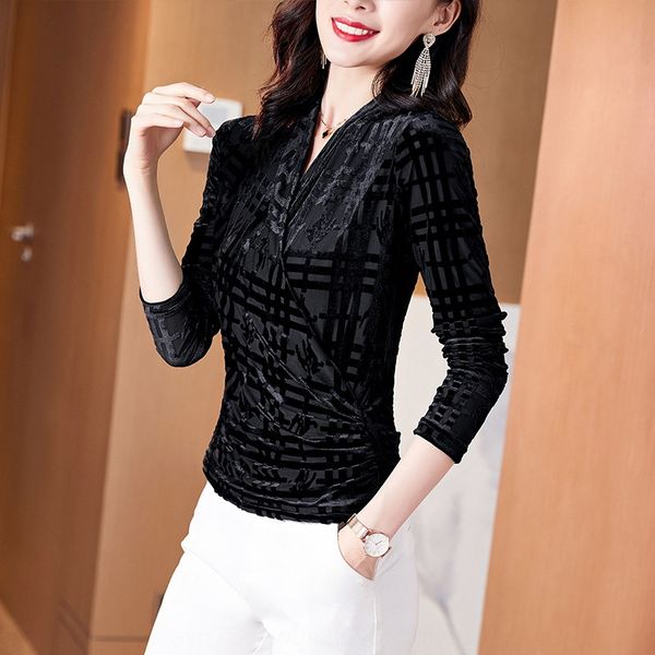 

203238 осенью новый бархат plaid тонкий длинный рукав дна рубашки для женщин с морщин и использования в осенний velvet использование талии з, White