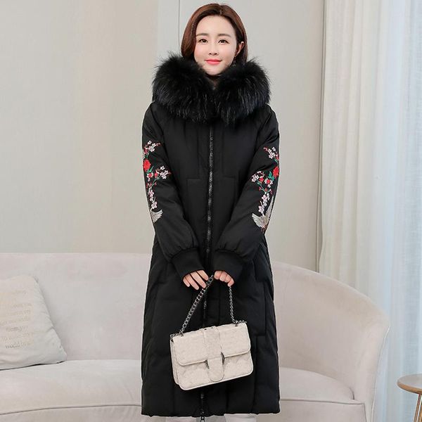 

women's down & parkas plus size 2021 winter coat women long hooded fur collar thicken warm embroidery cotton padded jacket outwear, Black