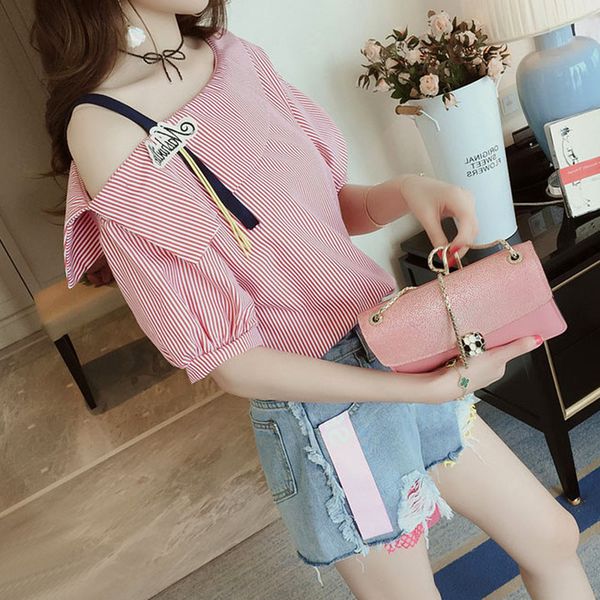 

female 2021 short-sleeve shirt summer new student fashion half-sleeve striped bottom-shirt smallshirt uvsz, White