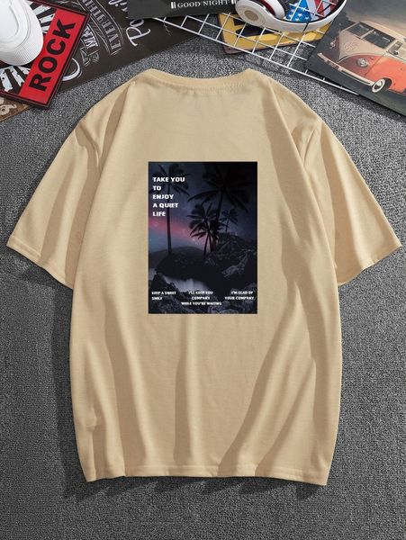 

men slogan and coconut tree print tee p7nk#, White;black