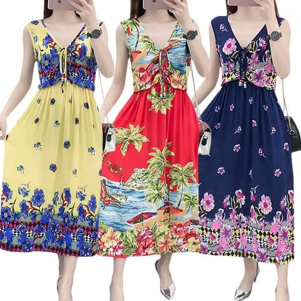 

vestido floral print summer women dress 2020 casual sleeveless party dress elegant v-neck maxi white plus size sundress1, Black;gray