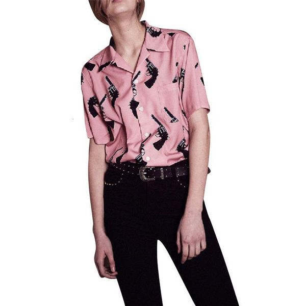 

lychee harajuku punk summer women blouse pistol gun print casual loose short sleeve shirt drop shipping, White