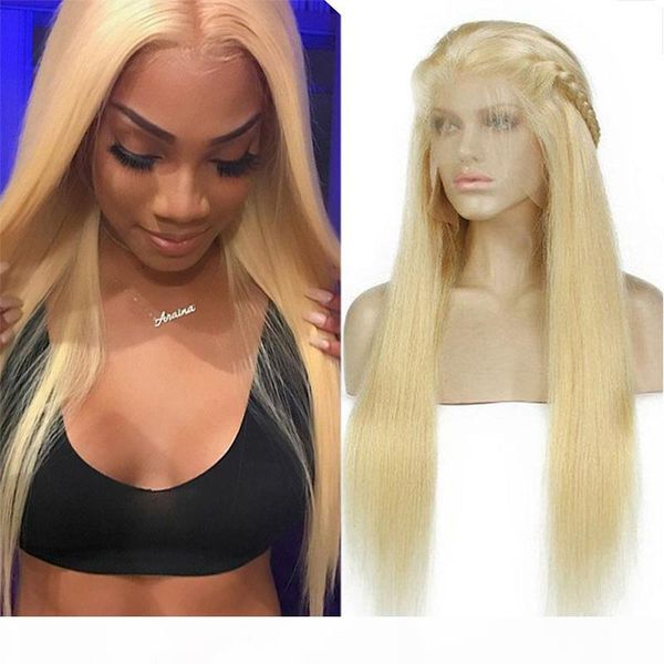 

honey blonde lace front human hair wigs 613# straight brazilian virgin hair glueless natural hairline full lace wigs for black women, Black;brown