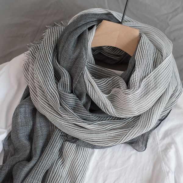 

light thin striped scarf for women's spring autumn literature and art cotton leprosy, Blue;gray