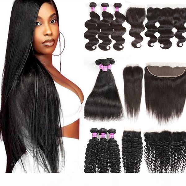 

unprocessed brazilian body wave virgin human hair 3 bundles with frontal water deep kinky curly straight remy hair extensions and closure, Black;brown