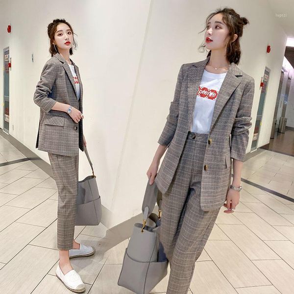 

casual autumn suit women korean plaid work clothes women formal two piece business outfit office conjuntos clothing eg50xf1, White