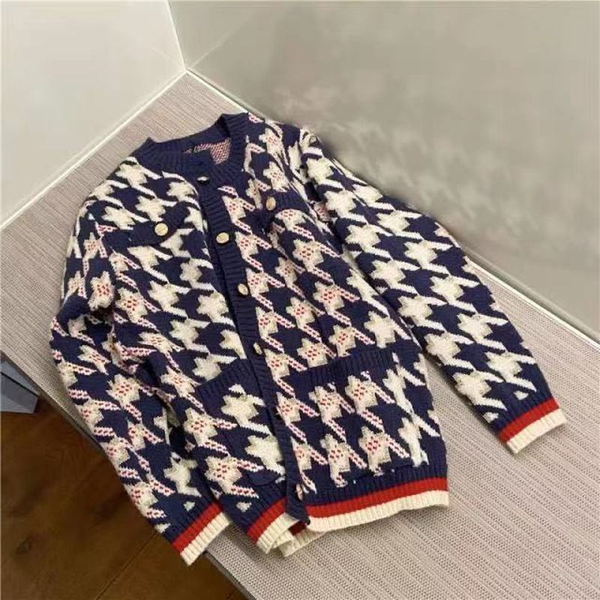 

houndstooth sweater single-breasted cardigan designer luxury brand fashion new coat knitted round neck women all-match, White;black