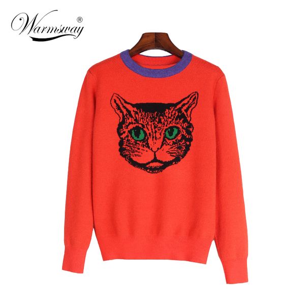 

brand autumn winter women fashion sweater onange long small size cartoon cat head jacquard pullovers knitted sweater c-190 y200722, White;black
