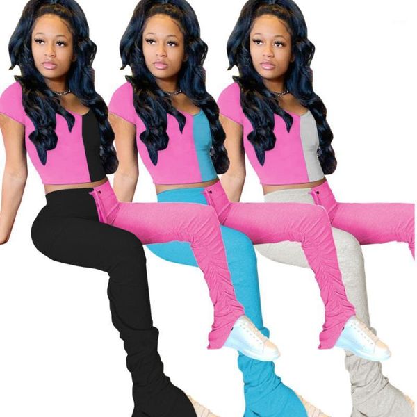 

splice two piece set summer women tracksuit crop and stacked pant 2 piece sets womens outfits matching sets sweat suits1, White