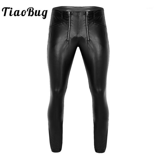 

tiaobug mens black faux leather punk muscle tight pants stretch legging long trouser with zipper pouch men club party pants1