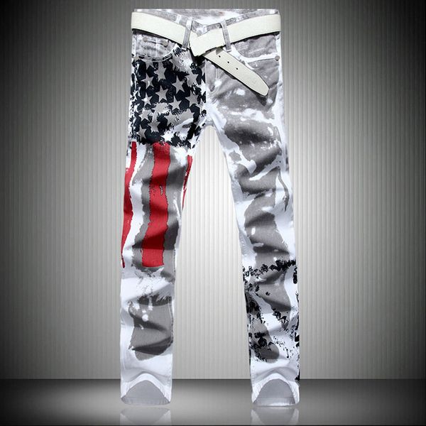 

american flag printing jeans high stretch slim casual five-pointed star red stripe large size pants for men, Blue
