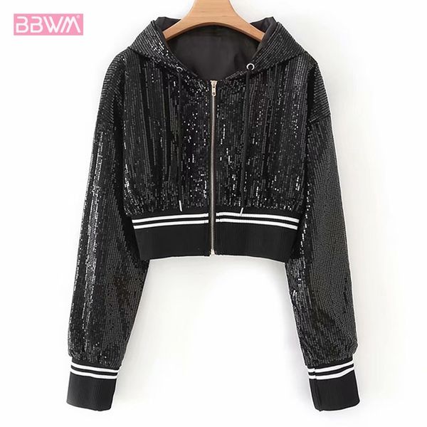 

black silver women's jacket autumn sunscreen sports hooded jacket sequins pink zipper sweet long sleeve short coat female 200930, Black;brown