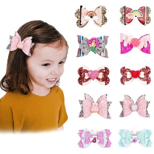 

3.5 inch girl hair bow clips sequins barrette hairbow hairpin hair head accessories easter rabbit valentine heart baby hair band, Slivery;white