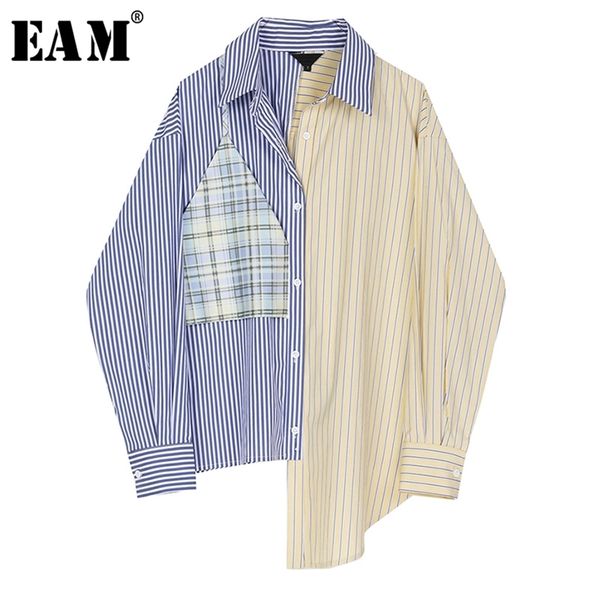 

[eam] women blue striped split big size blouse new lapel long sleeve loose fit shirt fashion tide spring autumn lj200815, White