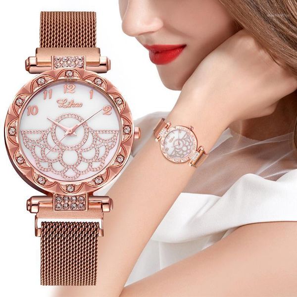 

fashion women quartz watch charming diamond case stainless steel band magnet buckle flower dial watch zegarek damski wd31, Slivery;brown