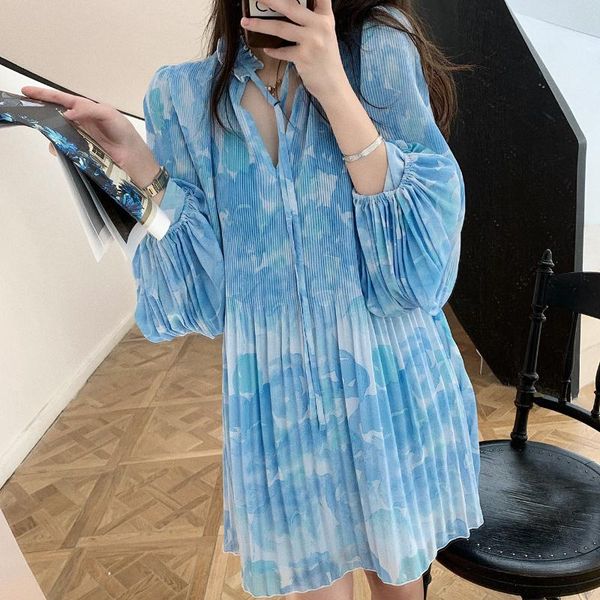 

ewq] 2020 летний новый сладкий фонарь рукав складки платья женщин элегантный длинные robe v-образным вырезом сыпучие casaul женщины голубой, Black;gray