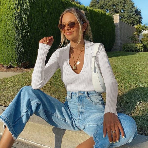 

autumn 2020 women's coat t-shirt lapel pit stripe short open navel t-shirt solid basic knitted 2gmhp, White;black