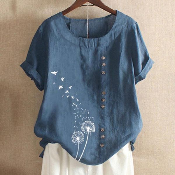 

linen blouses woman summer o-neck big size tunic 2020 casual short sleeve print oversize blouse blusa feminina1, White