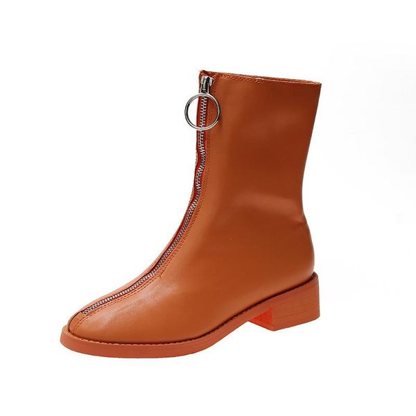 

boots 2021 ladies short tube front zipper fashion middle women leather thick heel single, Black