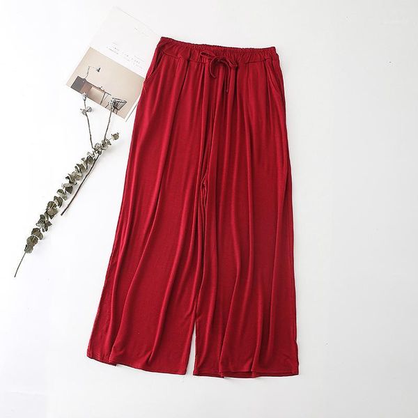 

summer girl trousers modal loose red wide leg pants casual elastic waist lace up cropped pants female plus size stretch1, Black;white