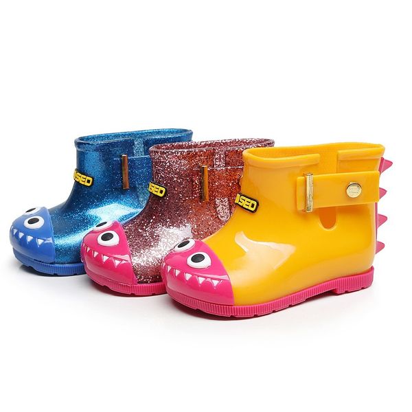 

children waterproof animal prints infant kids baby dinosaur pvc buckle strap bling rain boots booties casual shoes, Black;red