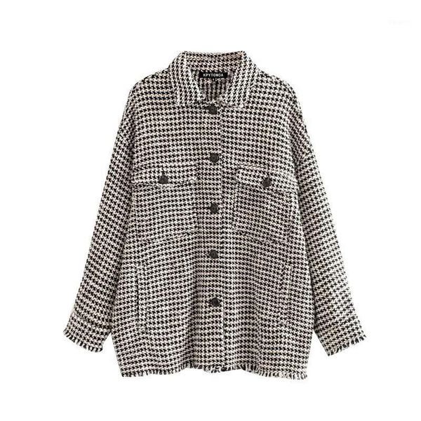 

new vintage stylish frayed tassel oversized tweed plaid jacket coat women 2020 fashion long sleeve pockets outerwear chic 1, Black;brown