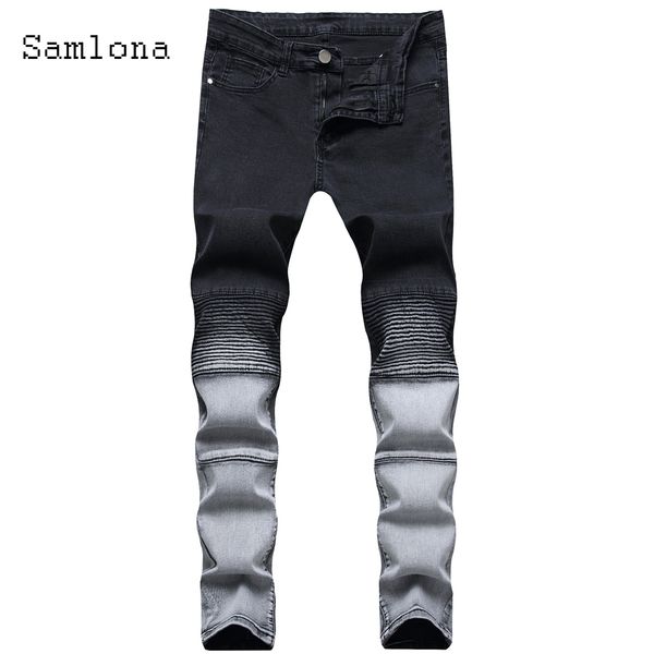 

men's jeans latest fashion clothing pleated casual slim fitted pencil denim pants patchwork color zipper skinny trousers men, Blue