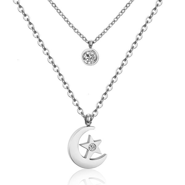 

star fashion trend personality lady versatile stainless steel double chain pendant necklace, Silver