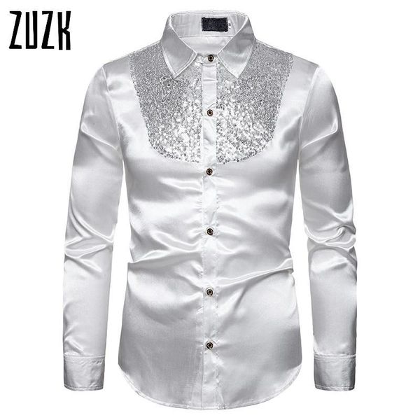

men's casual shirts zuzk silk satin smooth shirt luxury gold sequin tuxedo white party stage performance wedding dress, White;black
