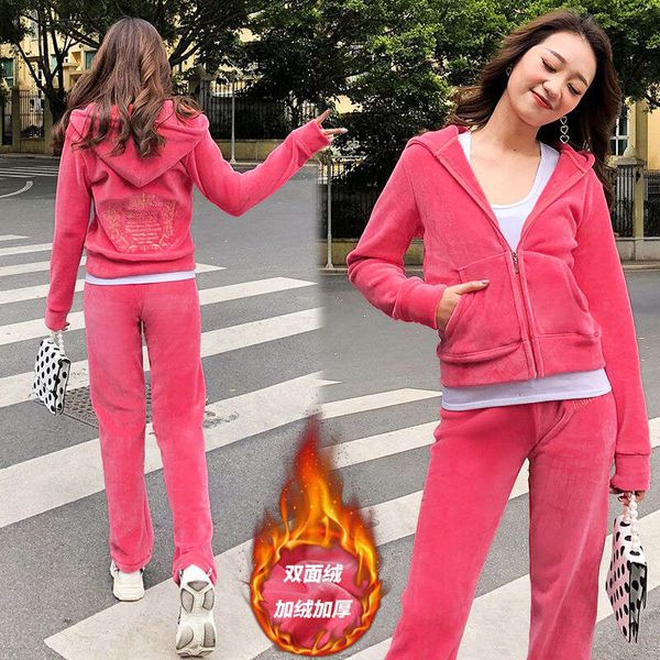 

autumn winter new plush and thickened double faced gold velvet sportswear women's casual sweater set of two or three pieces, Gray