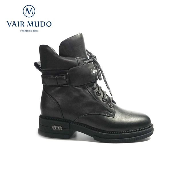 

vair mudo ankle boots shoes women casual waterproof platform lace up patent leather thick bottom short plush shoes lady dx65, Black
