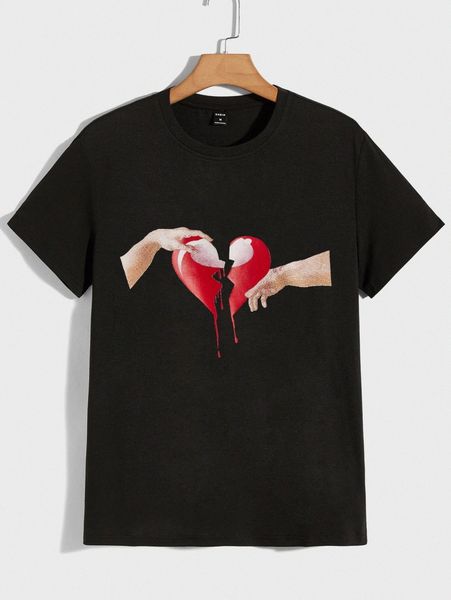 

men figure & heart print round neck tee n0oj#, White;black
