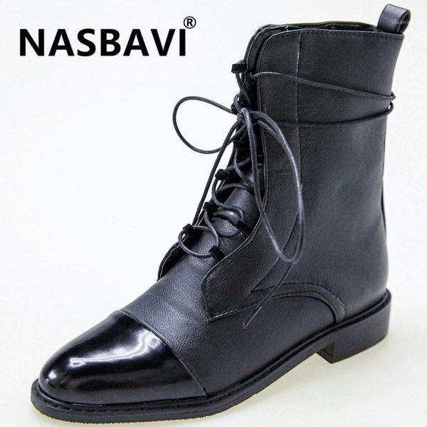 

ins 2020 new mid-calf women boot pu leather stitching patent leather flat low heel pointed lacing solid color boots1, Black