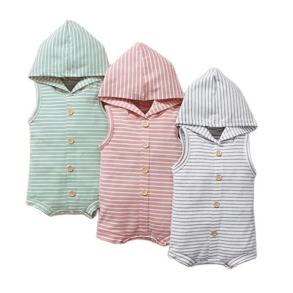 

rompers infant baby girls boys stripe print jumpsuit sleeveless short bodysuit button hooded clothes 0-24m, Blue