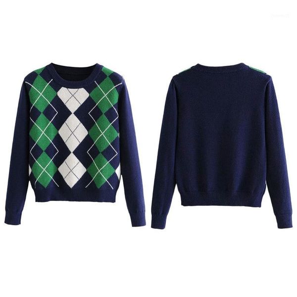 

women preppy style long sleeve sweater contrast color argyle plaid knitted pullover vintage crew neck loose jumper1, White;black