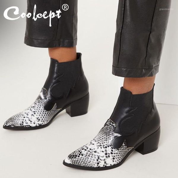 

boots coolcept british style ankle women fashion snakeskin elastic band square heels shoes footwear size 35-431, Black